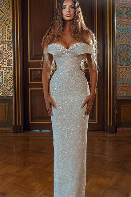 Off-the-Shoulder White Sequins Mermaid Prom Dress