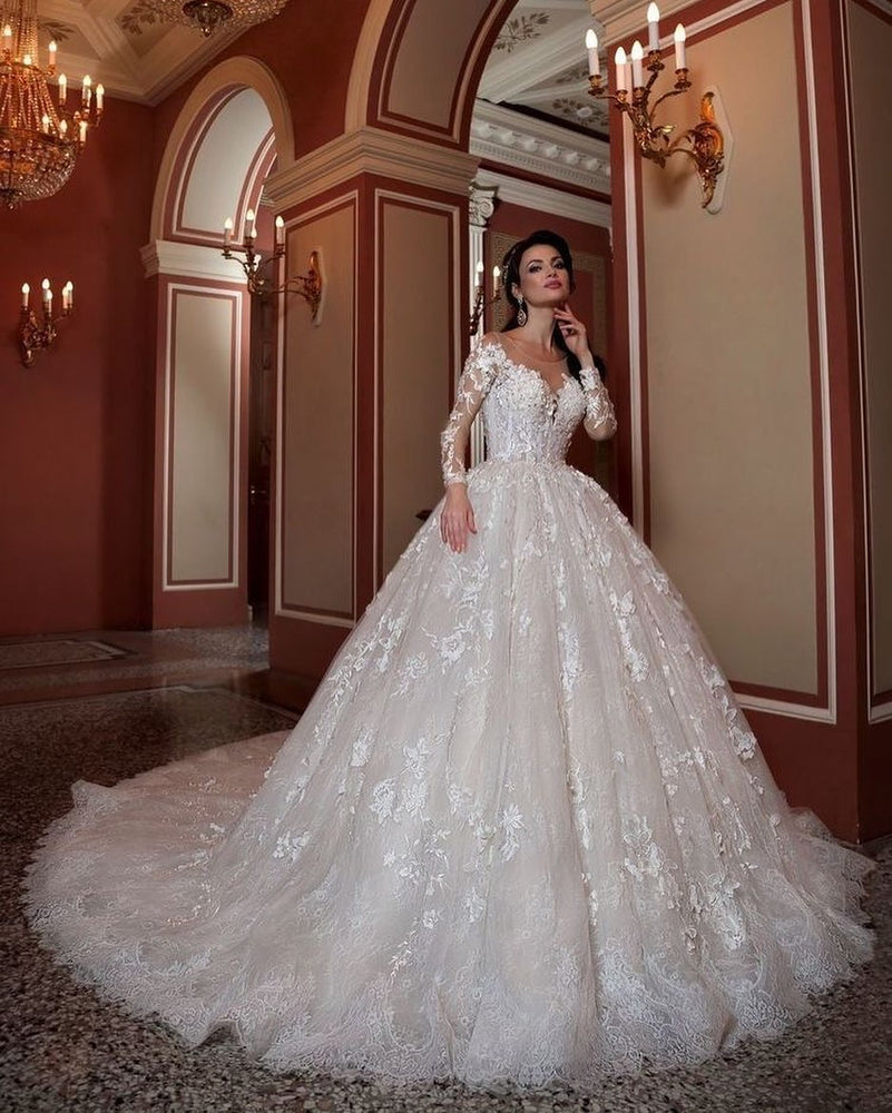 
                      
                        Attractive Long Sleeve Bateau Beaded Train Wedding Dress with A-Line Lace Appliques
                      
                    