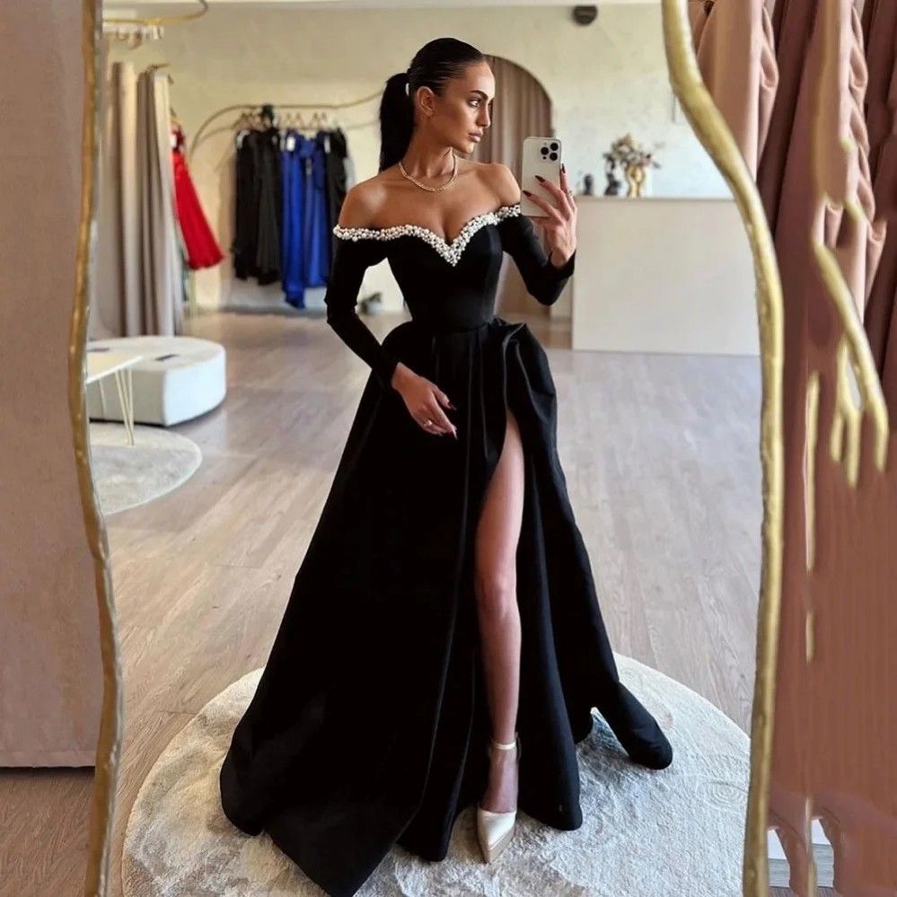 
                      
                        Black Prom Dress Long A Line Pleated High Slit
                      
                    