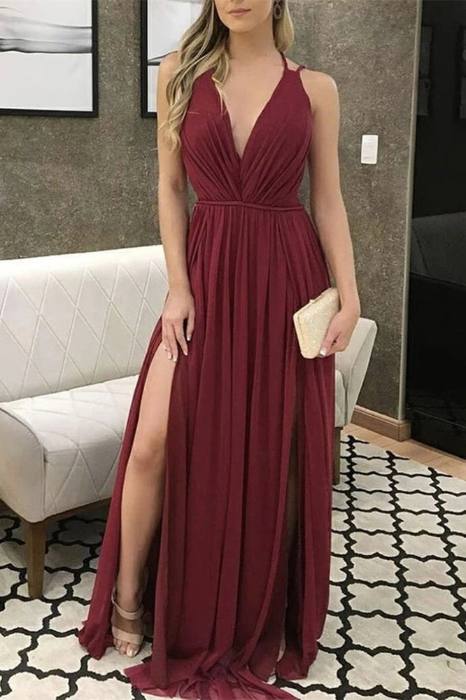 V-Neck Burgundy Chiffon Prom Dress with Slit