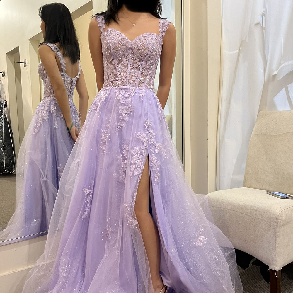 Lavender Sleeveless Sweetheart Mermaid Evening Dress with Lace Appliques