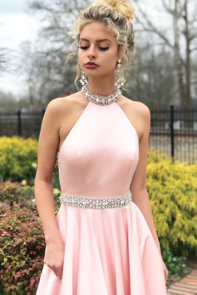 
                      
                        Pink Halter Sleeveless Beaded Mermaid Prom Dress
                      
                    