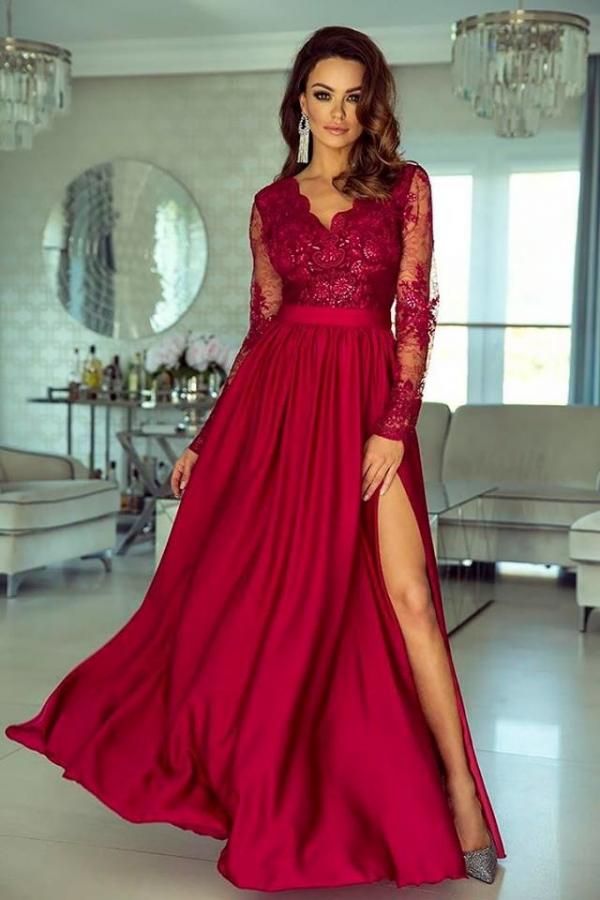 Long Sleeve V-Neck Lace Prom Dress with Slit