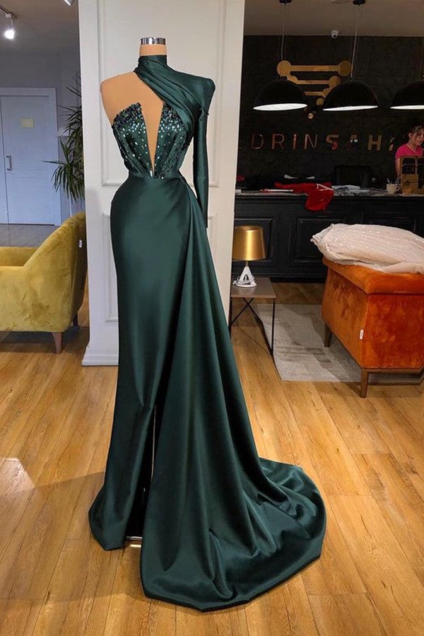 Dark Green One Shoulder Prom Dress with Sequins