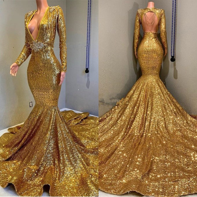 
                      
                        Gold Long Sleeves V-Neck Mermaid Prom Dress with Applique
                      
                    