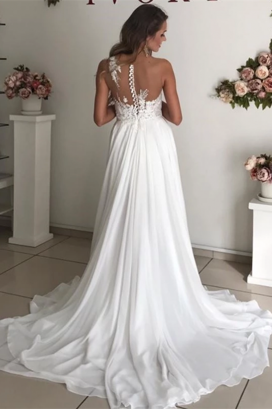 
                      
                        Elegant Sleeveless Long Chiffon Beach Wedding Dress with Appliques
                      
                    