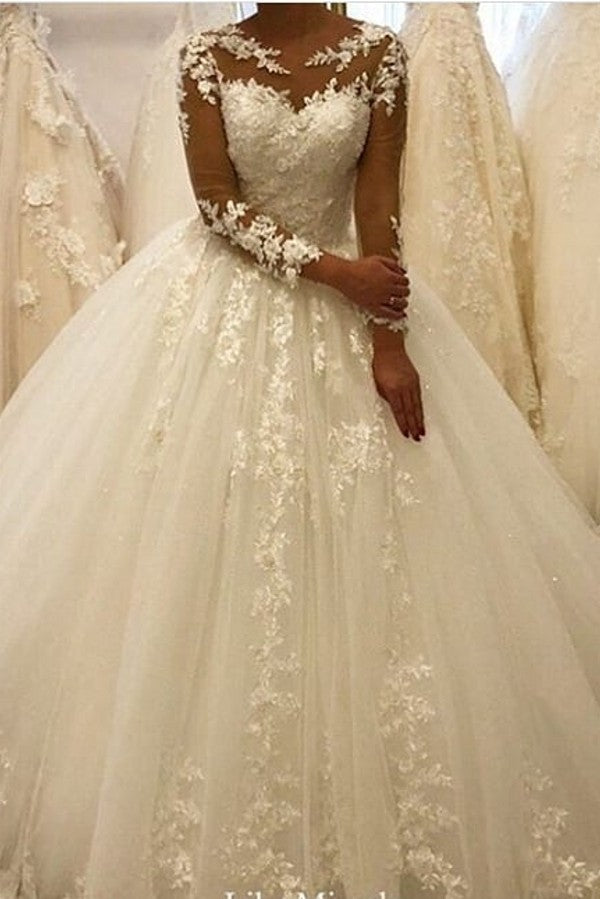 Bateau Long Sleeves A-Line Wedding Dress With Appliques Lace Ruffles Tulle