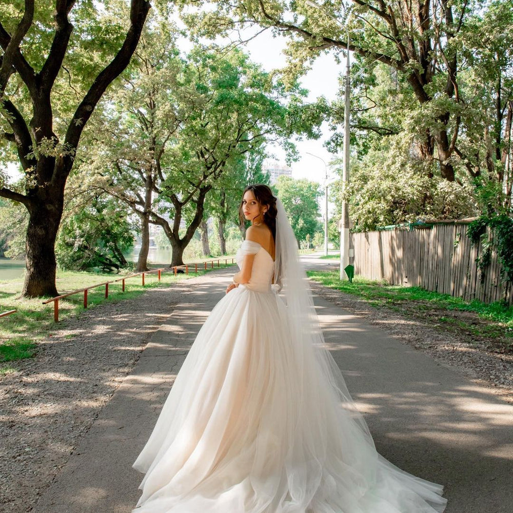 
                      
                        Tulle Off-the-Shoulder A-Line Long Wedding Dress with Chapel Train
                      
                    