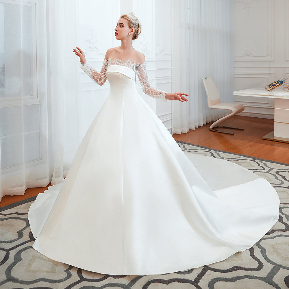 
                      
                        Stunning Off-the-Shoulder Long Sleeve A-Line Satin Wedding Dress with Lace
                      
                    