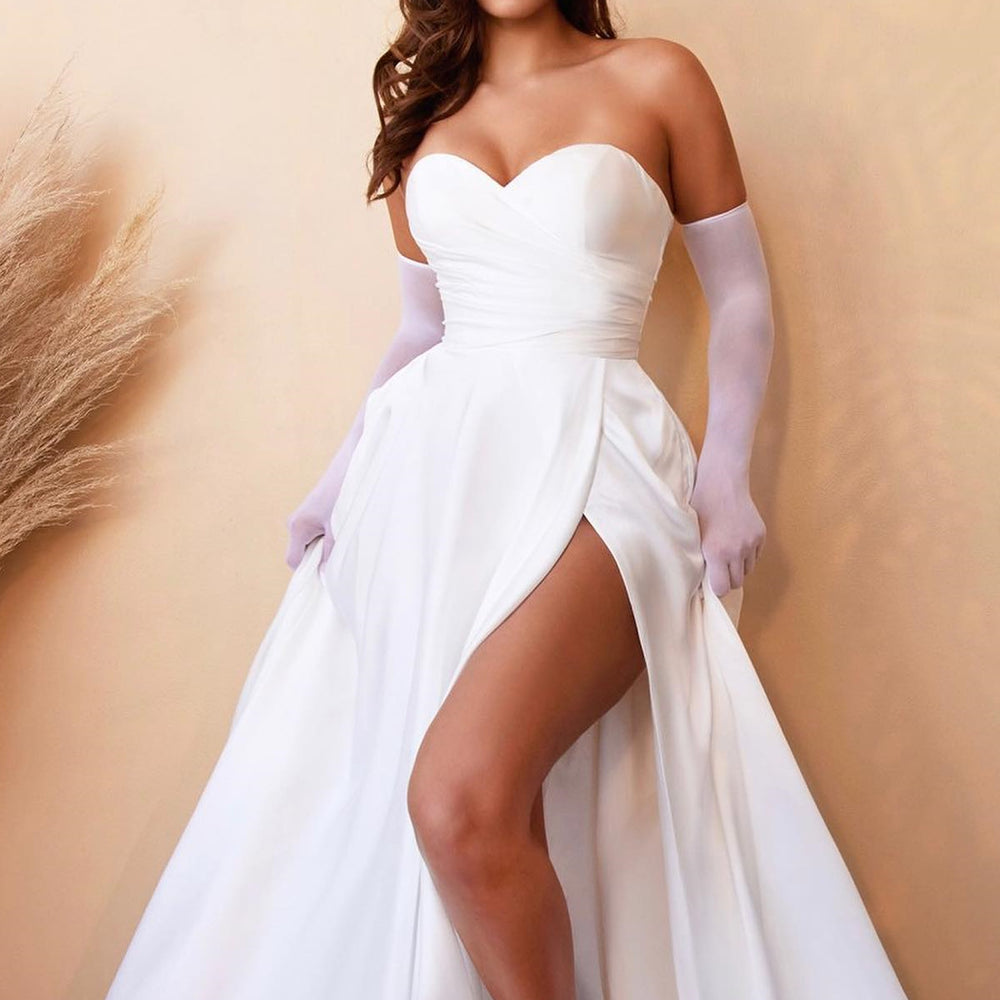 White Strapless Sweetheart A-Line Prom Dress with Split