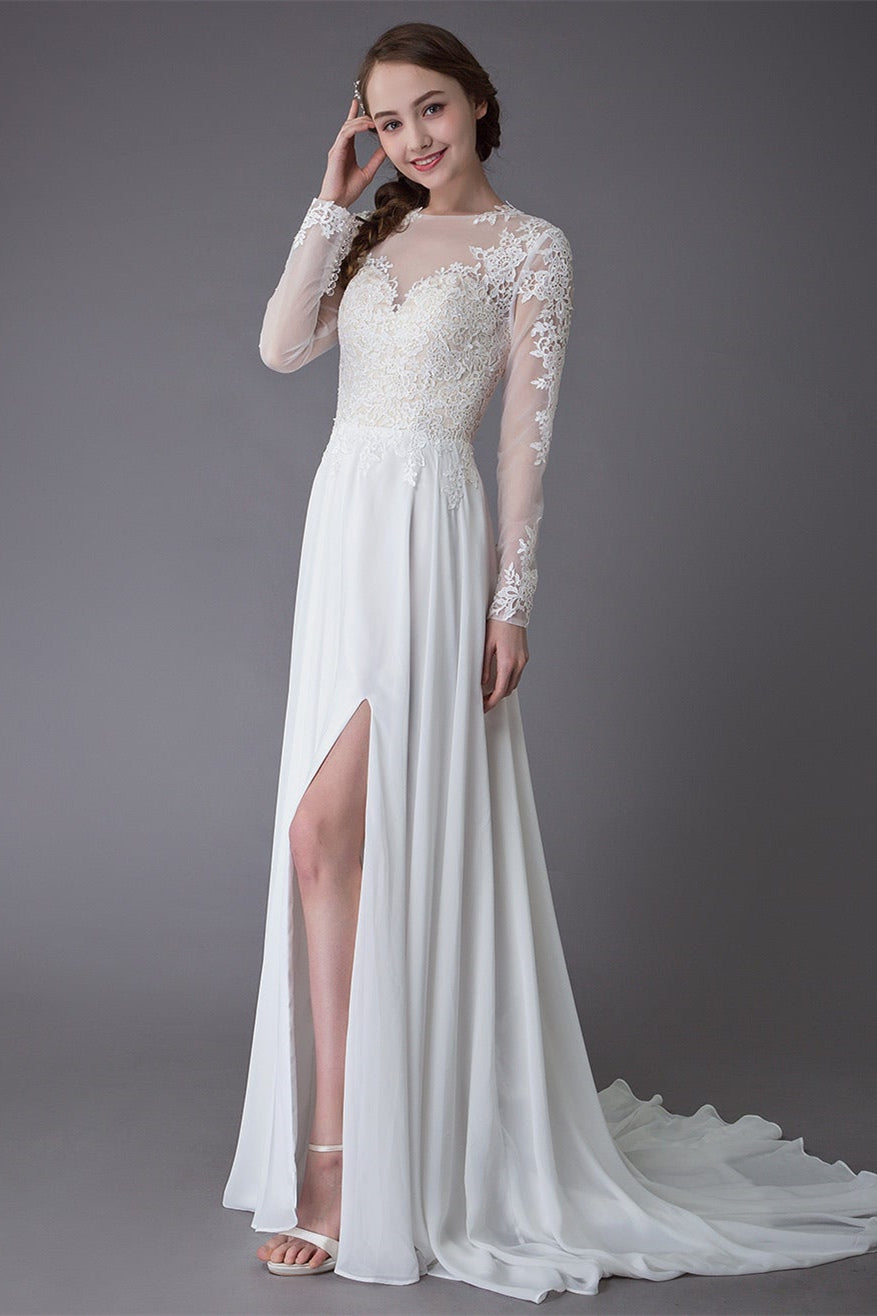 Long Sleeve Lace Wedding Dress with Slit