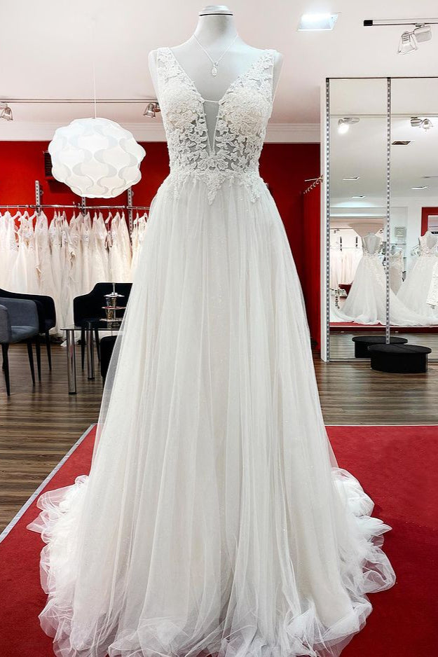 Modest Long A-Line V-Neck Tulle Ruffle Backless Wedding Dress with Lace