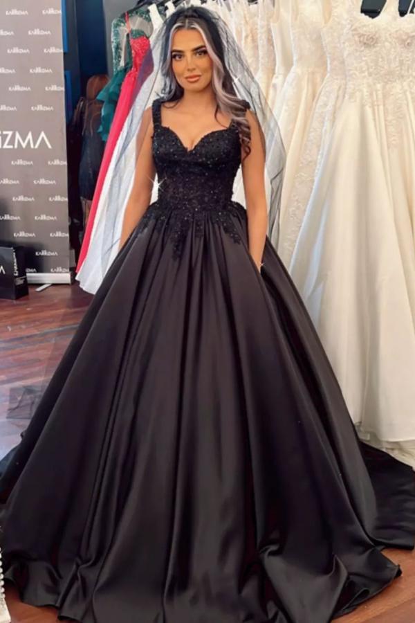 Black Sweetheart Wide Strap Ball Gown Floor-Length Wedding Dress with Ruffles and Satin