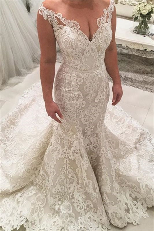 Portrait Sleeveless V-Neck Long Mermaid Wedding Dress with Lace Appliques 