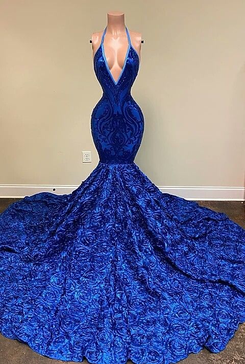 
                      
                        Royal Blue Sleeveless Halter Mermaid Prom Dress with Sequins and Floral Bottom
                      
                    