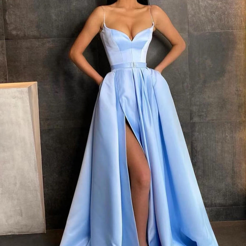 Sky Blue Spaghetti-Straps A-Line Prom Dress with Split and Pockets