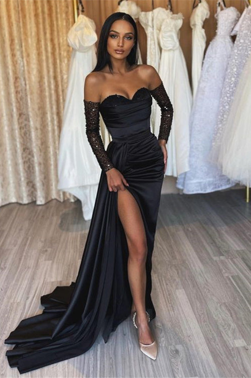 Black Prom Dress Sweetheart Short Sleeves with Pleated Slit