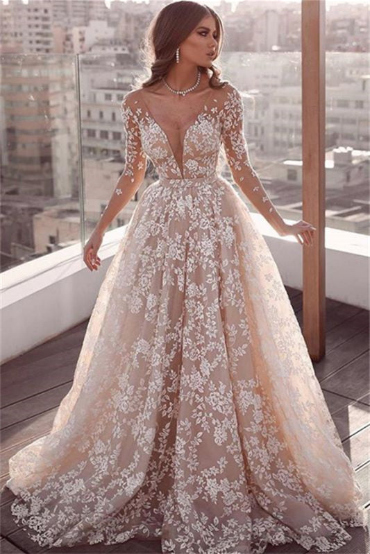 Long Sleeve A-Line Tulle Wedding Dress with Lace Appliques