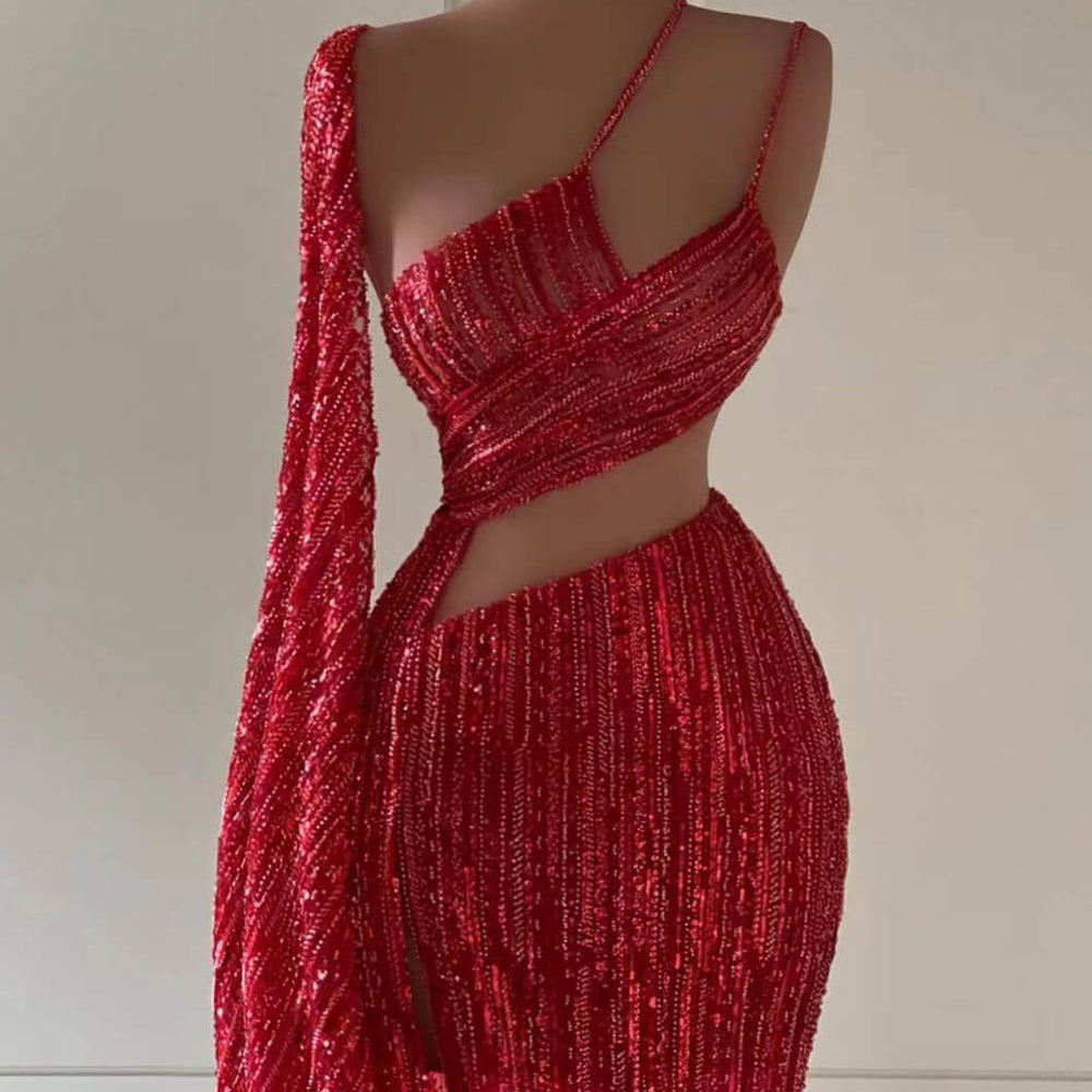 
                      
                        Burgundy Sequined Mermaid Prom Dress with Split and Long Ruffles
                      
                    