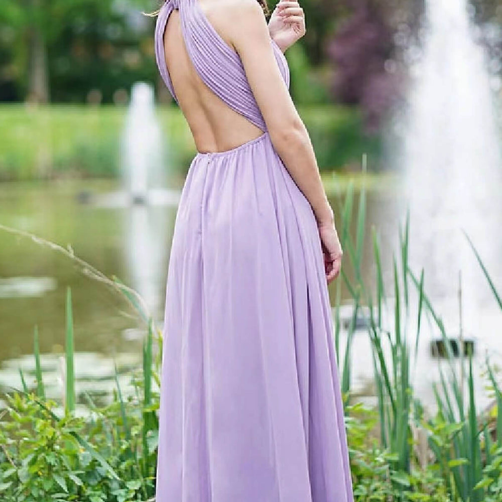 
                      
                        Elegant Lilac Halter Sleeveless A-Line Prom Dress with Open Back
                      
                    