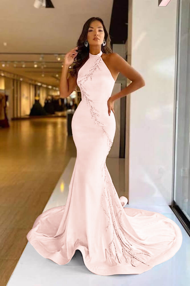 
                      
                        Elegant High Neck Pink Mermaid Prom Dress with Appliqu¨¦
                      
                    