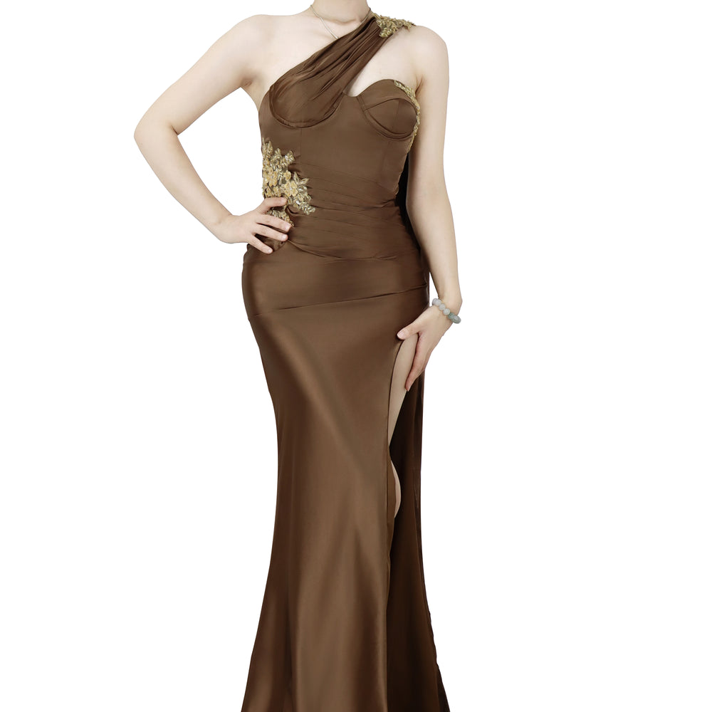 One-Shoulder Sleeveless Brown Long Prom Dress with Slit