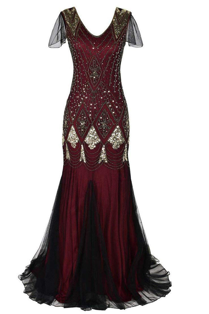 Burgundy Sequin Flapper Long Dress