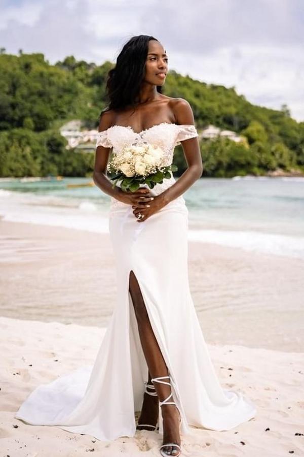 Simple Mermaid Sweetheart Off-the-Shoulder Long Wedding Dress with Slit