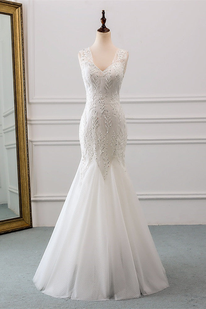 V-Neck Tulle Long Mermaid Wedding Dress with Beading