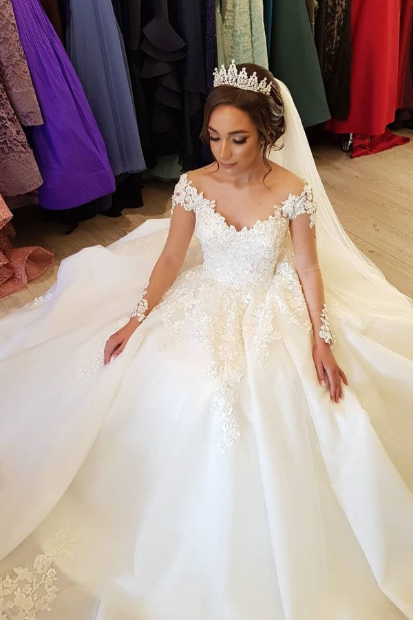 Long A-line Off-the-Shoulder Wedding Dress With Tulle Lace