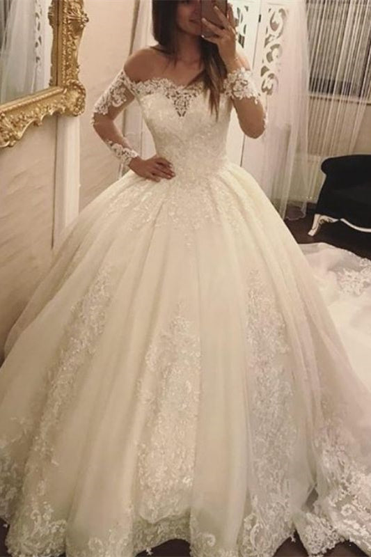 
                      
                        Off-the-Shoulder Long Sleeve Ball Gown Wedding Dress with Lace Appliques
                      
                    