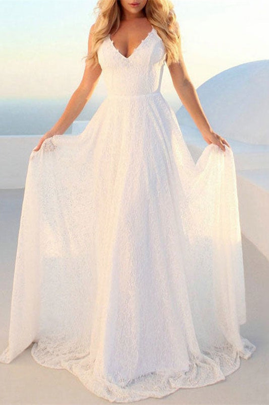 V-Neck Lace Beach Wedding Dress