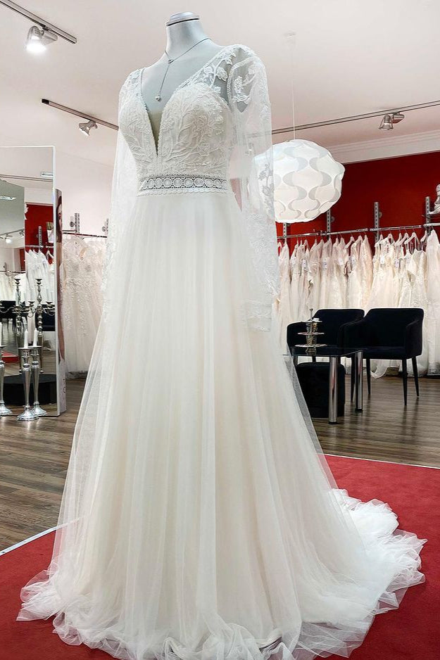 
                      
                        Long A-Line Sweetheart Wedding Dress with Sleeves, Appliques, Tulle, and Beadings
                      
                    