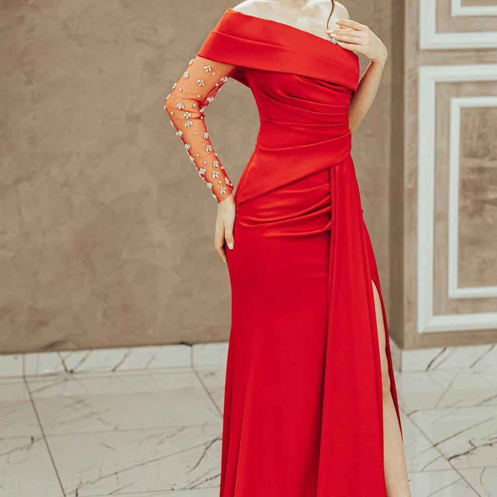 Red Long Sleeve One-Shoulder Mermaid Prom Dress with Split and Beading