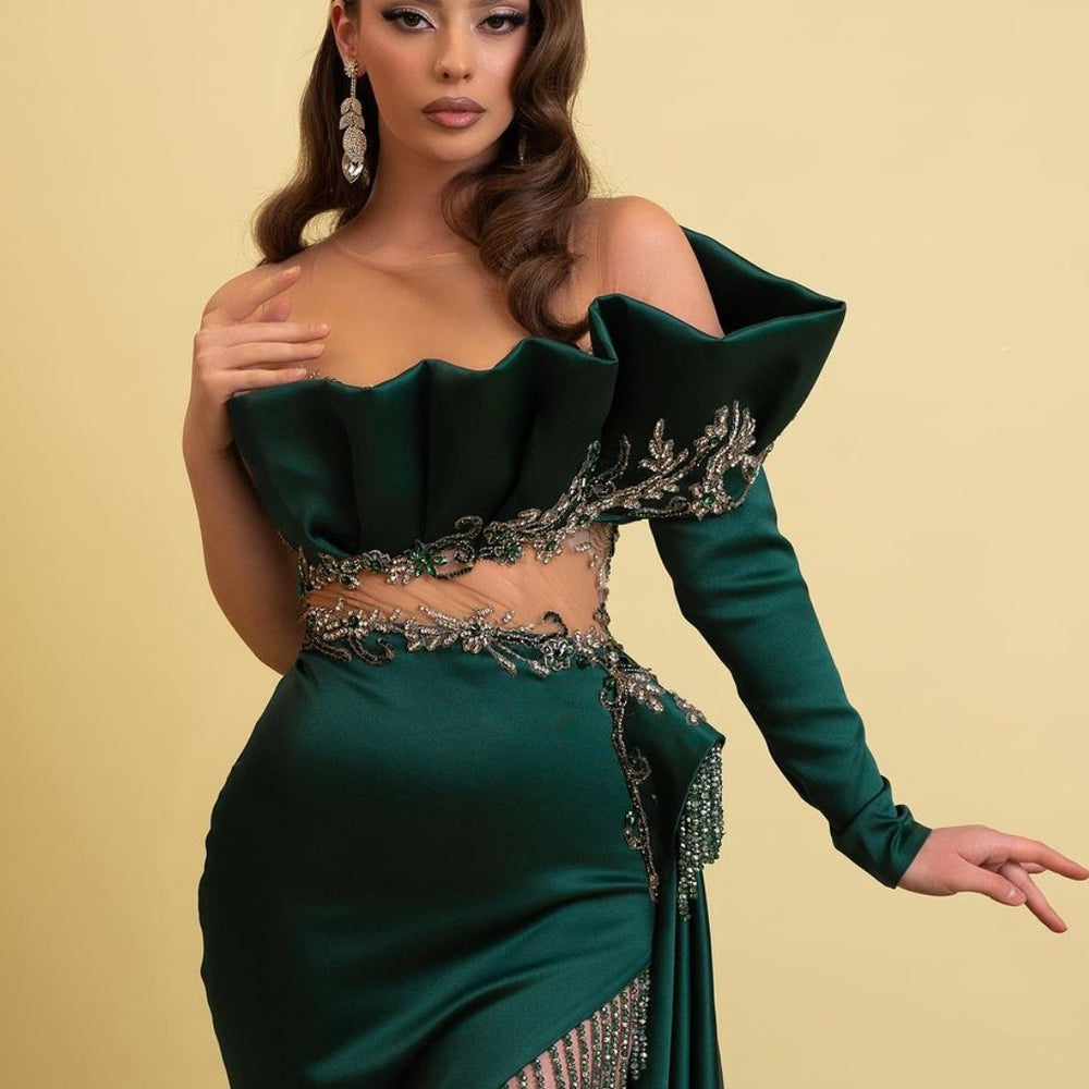 
                      
                        Dark Green Long Sleeves Charmeuse Prom Dress with Tassel High Slit Trail
                      
                    