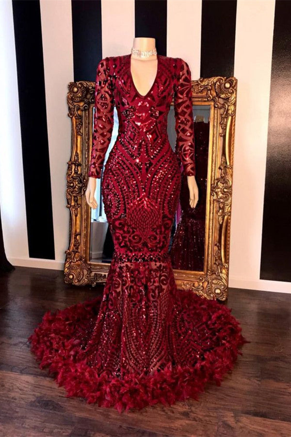 
                      
                        642. Burgundy V-Neck Long Sleeves Mermaid Prom Dress with Feather and Sequins
                      
                    