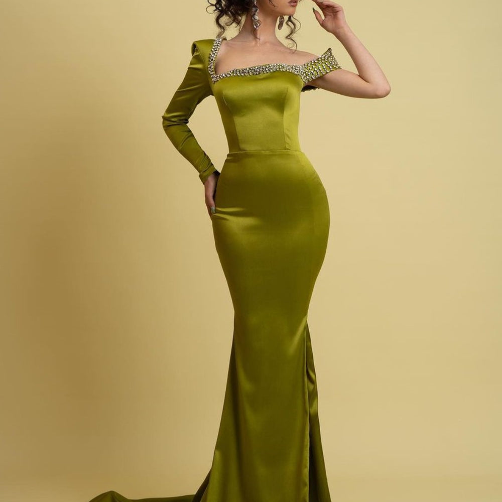 631. Sage Green Charmeuse One Shoulder Mermaid Prom Dress with Slit