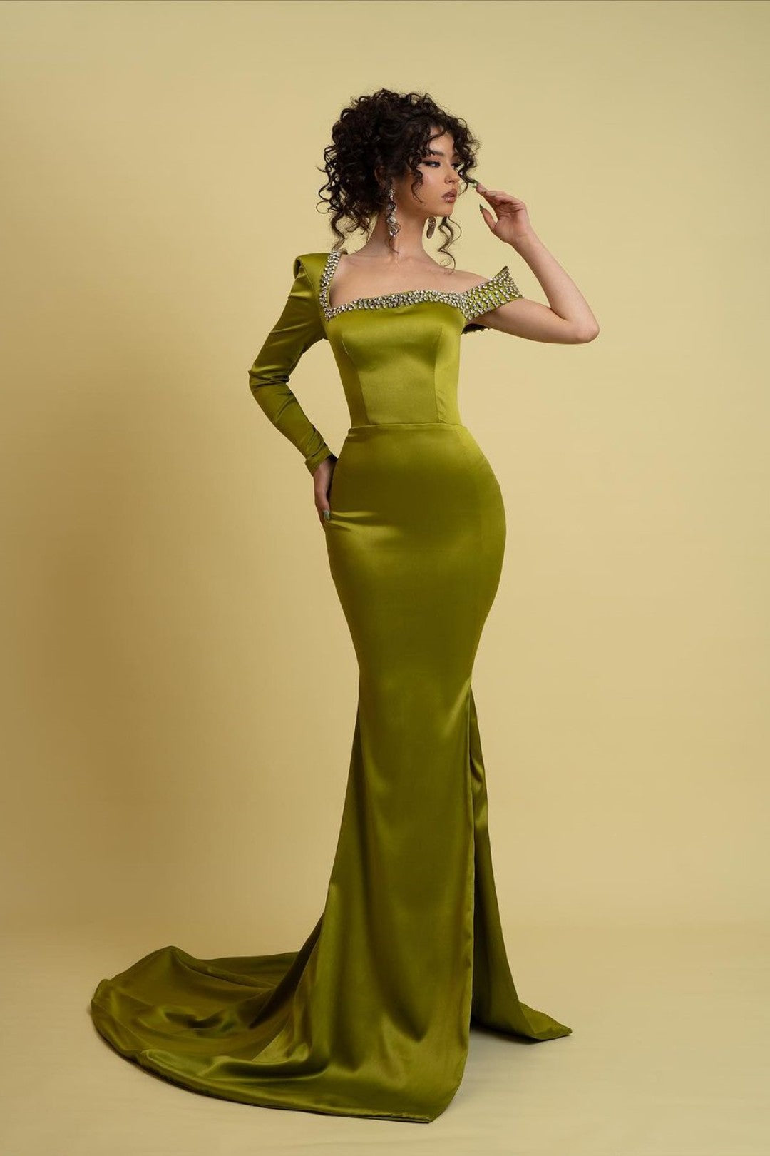 631. Sage Green Charmeuse One Shoulder Mermaid Prom Dress with Slit