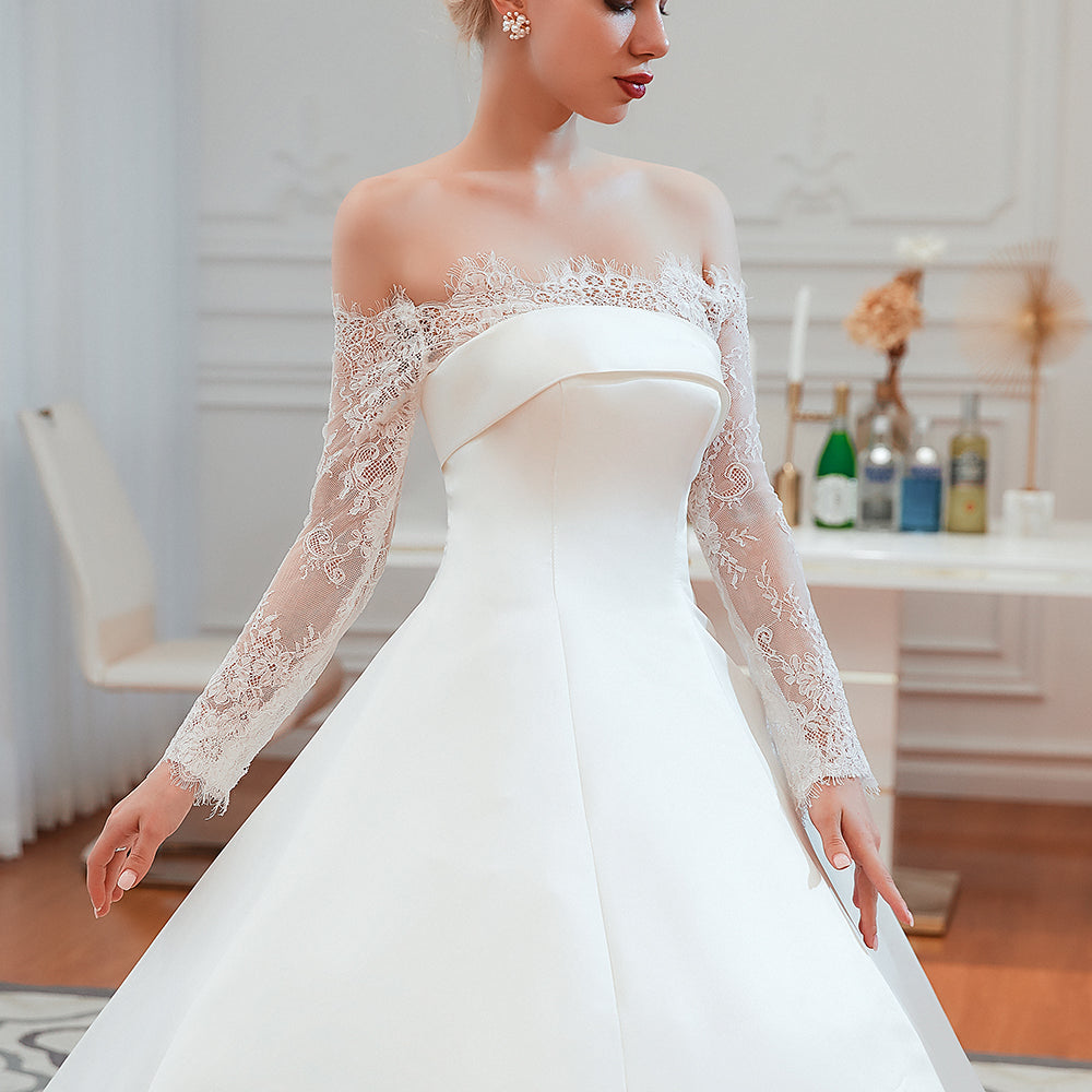 
                      
                        Stunning Off-the-Shoulder Long Sleeve A-Line Satin Wedding Dress with Lace
                      
                    