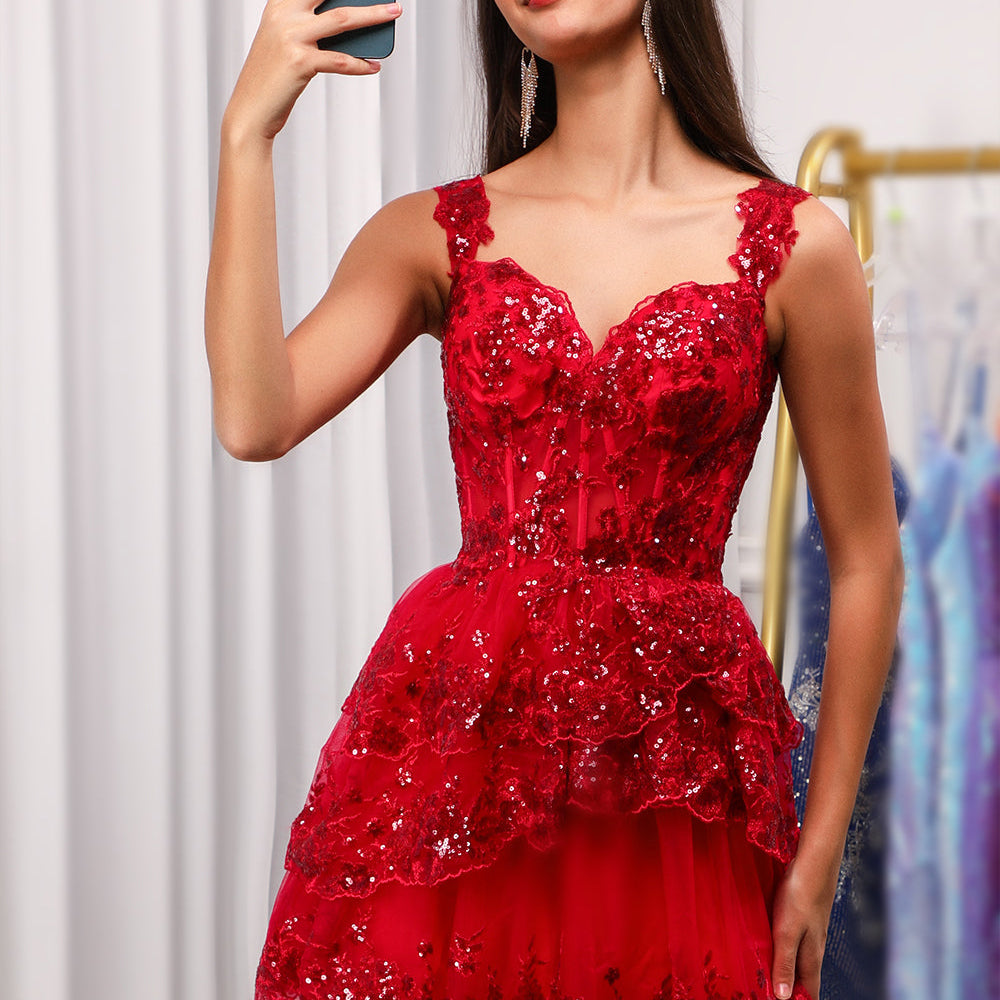 
                      
                        Red Sparkly Corset Tiered Lace A-Line Homecoming Dress
                      
                    