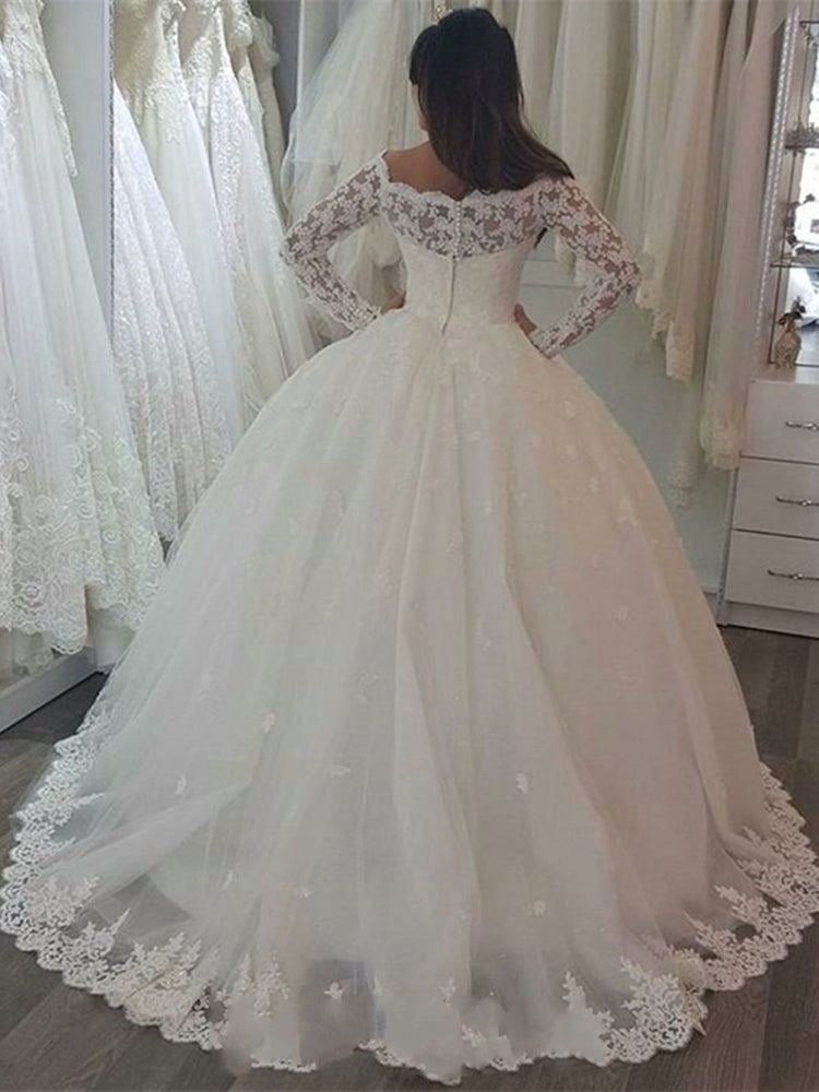 
                      
                        Elegant Off-the-Shoulder Long Sleeve Wedding Dress with Lace Appliques
                      
                    