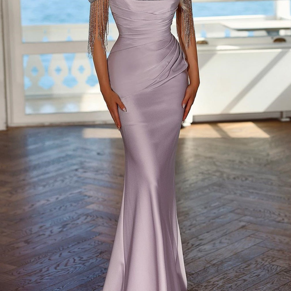 Elegant Lavender Long Evening Dress with Spaghetti Straps and Sequins Tassel