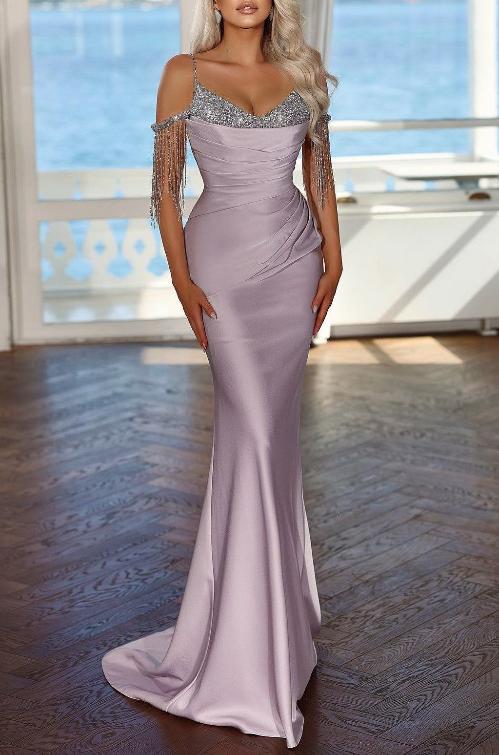 Elegant Lavender Long Evening Dress with Spaghetti Straps and Sequins Tassel