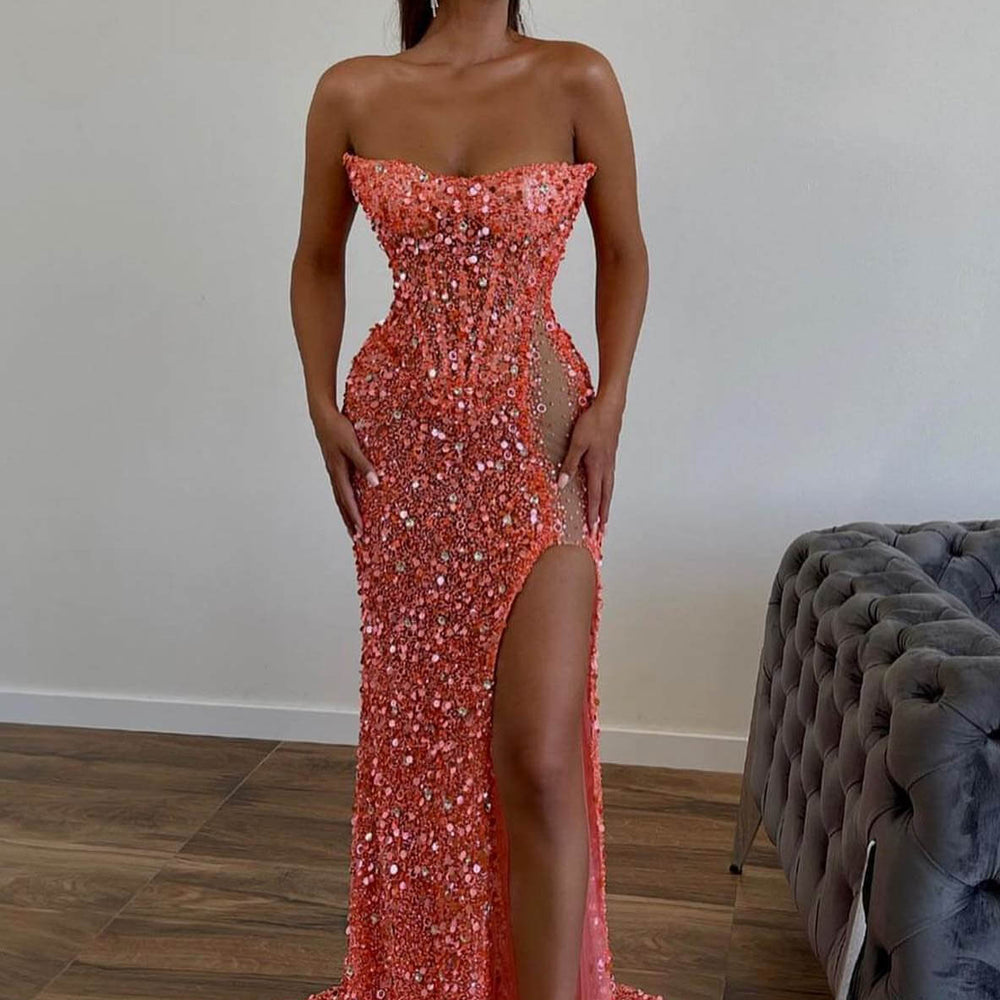 Gorgeous Orange Sequins Mermaid Sweetheart Prom Dress with Split, Sleeveless