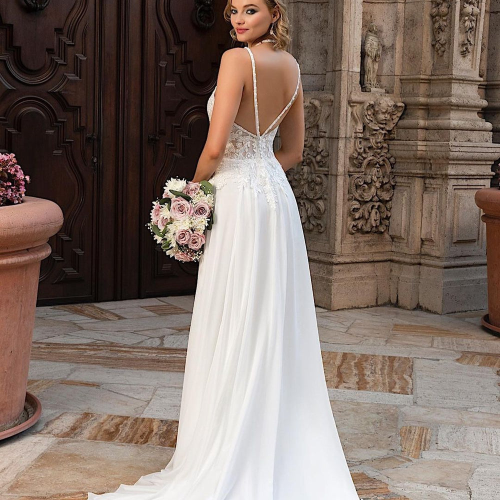 
                      
                        Long A-Line Split V-Neck Wedding Dress with Chiffon Lace
                      
                    