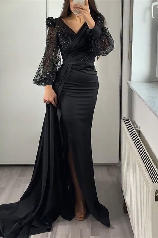 Sequins V-Neck Long Sleeves Mermaid Evening Dress with Split and Ruffle