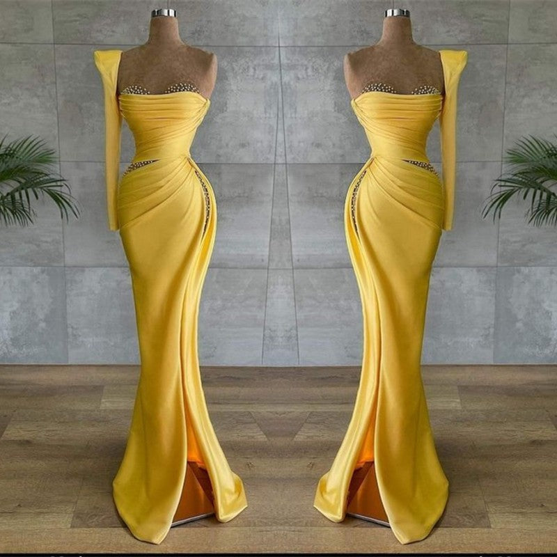 
                      
                        Yellow Asymmetrical Prom Dress with Beads
                      
                    