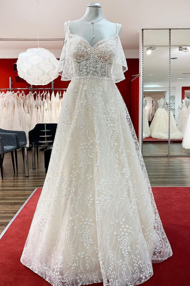 Long Sleeve A-Line Sweetheart Wedding Dress with Tulle Lace Appliques