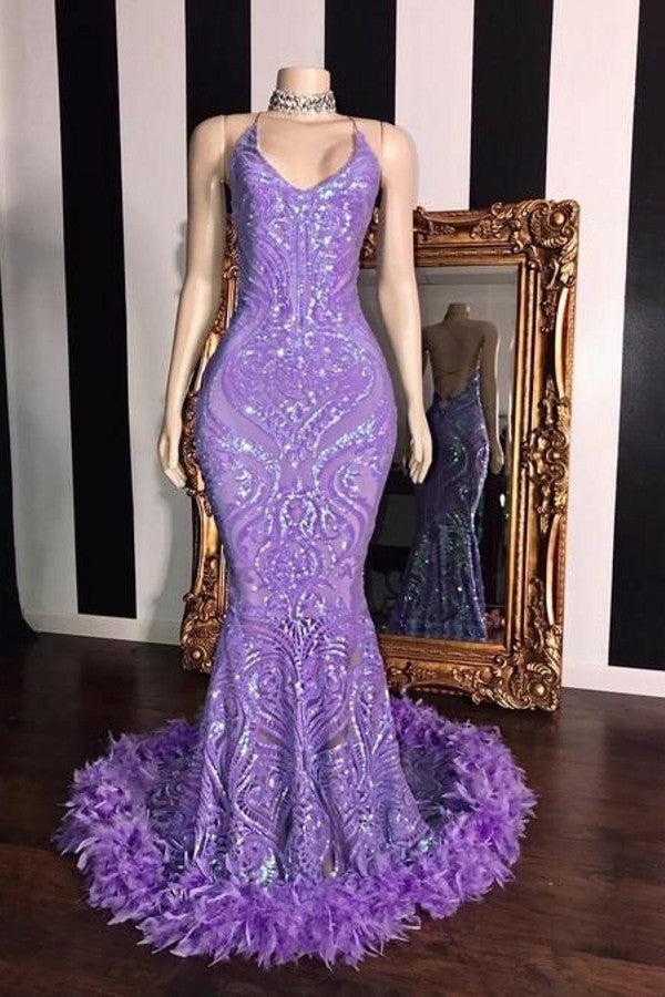 
                      
                        Gorgeous Sleeveless Sequin Lace Prom Dress Mermaid with Feather
                      
                    