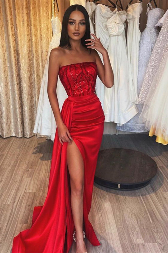 Classic Red Sequins Prom Dress with High Split